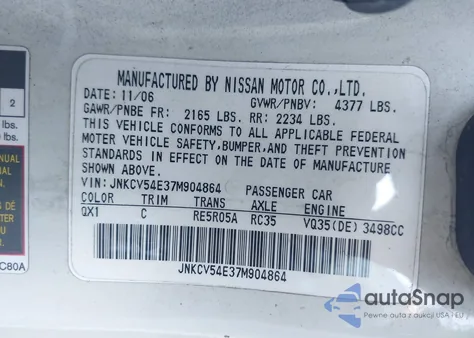 2007 Infiniti G35 z USA, uszkodzony, nr VIN JNKCV54E37M904864